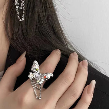 DAIIIBABYYY  -  Korea Colorful Crystal Butterfly Rings for Women Girls Rhinestone Trendy Long Chain Tassels Y2K Ladies Fashion Jewelry Party